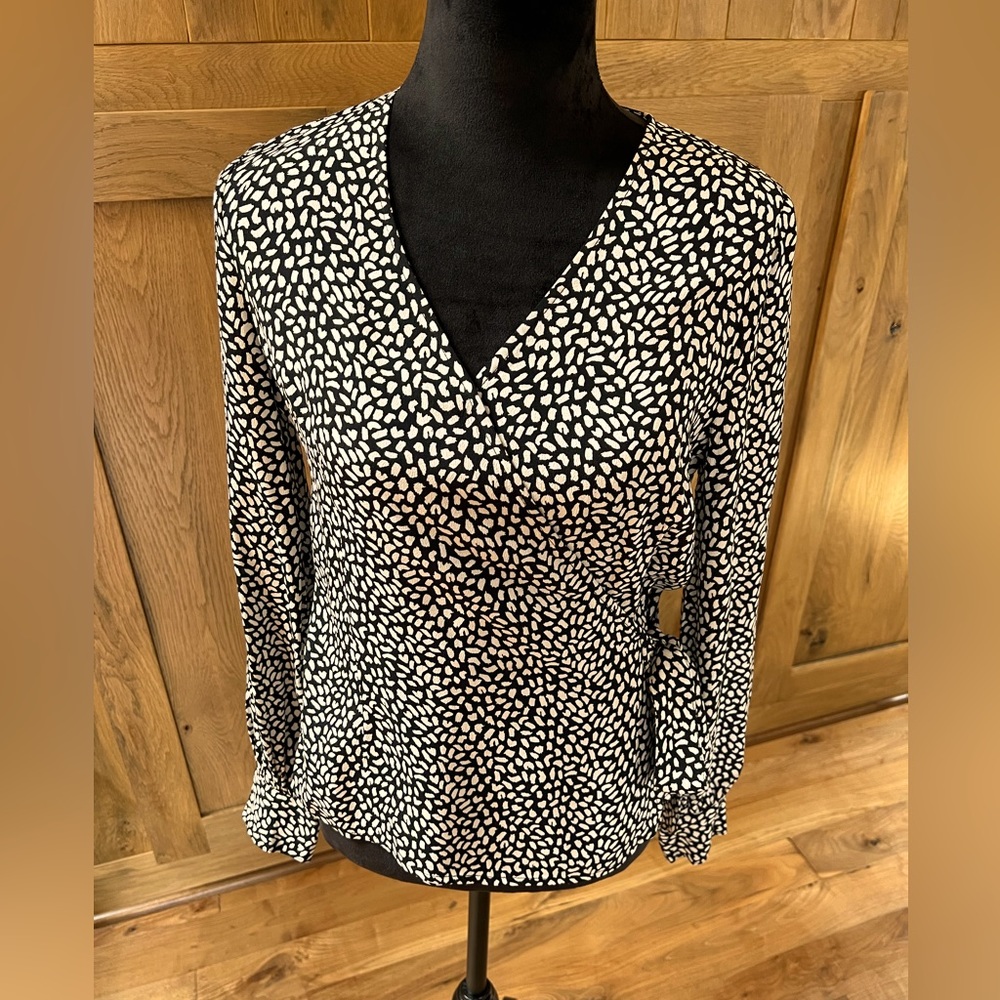 Talbots black & white print wrap-front blouse